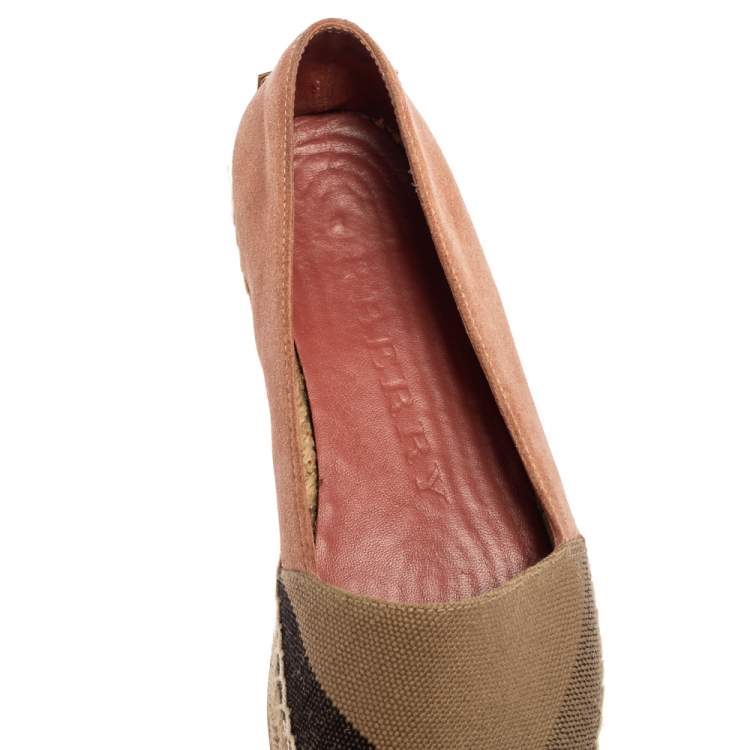 Pre Owned Burberry Tri-Color House Check Canvas and Suede Flat Espadrilles Size 36