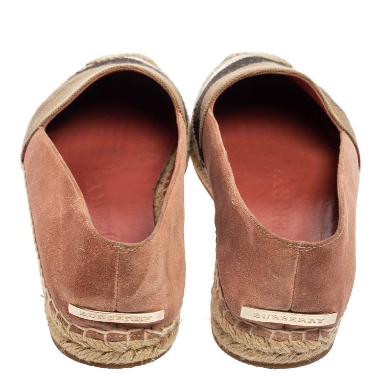 Pre Owned Burberry Tri-Color House Check Canvas and Suede Flat Espadrilles Size 36