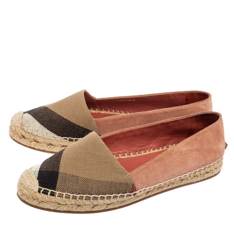 Pre Owned Burberry Tri-Color House Check Canvas and Suede Flat Espadrilles Size 36