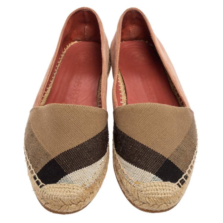Pre Owned Burberry Tri-Color House Check Canvas and Suede Flat Espadrilles Size 36