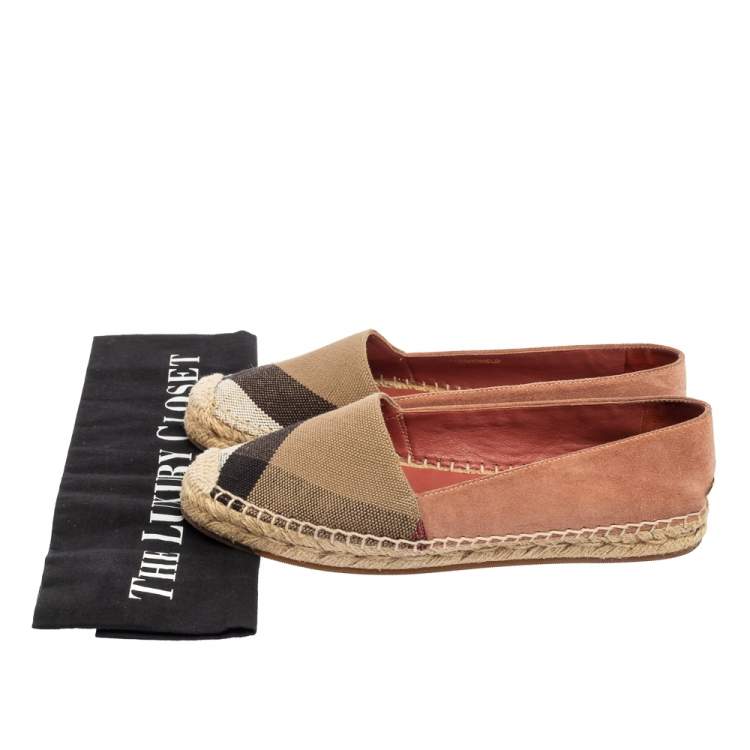 Pre Owned Burberry Tri-Color House Check Canvas and Suede Flat Espadrilles Size 36