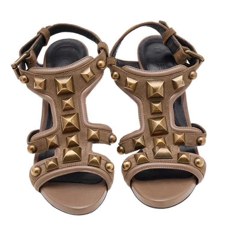 Pre Owned Burberry Brown Suede And Leather Embellished Ankle Strap Sandals Size 40