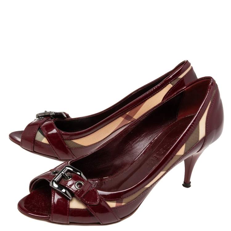 Pre Owned Burberry Burgundy Patent Leather and Nova Check Coated Canvas Peep-Toe Pumps Size 38.5