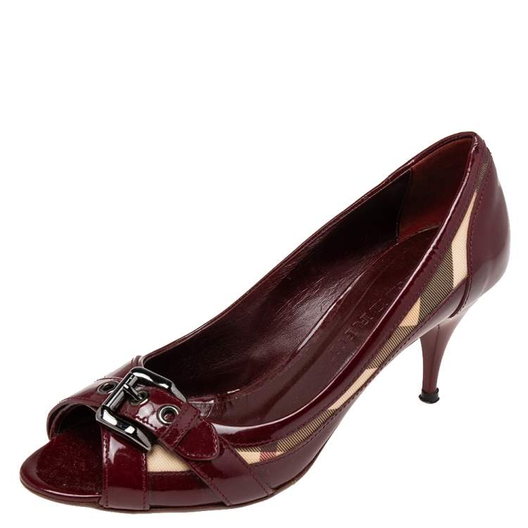 Pre Owned Burberry Burgundy Patent Leather and Nova Check Coated Canvas Peep-Toe Pumps Size 38.5