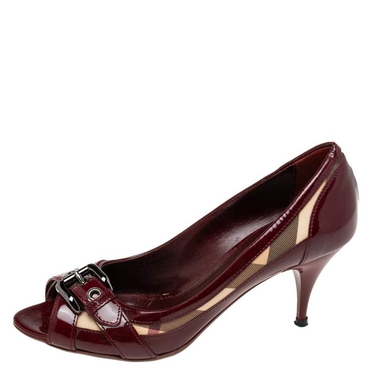 Pre Owned Burberry Burgundy Patent Leather and Nova Check Coated Canvas Peep-Toe Pumps Size 38.5