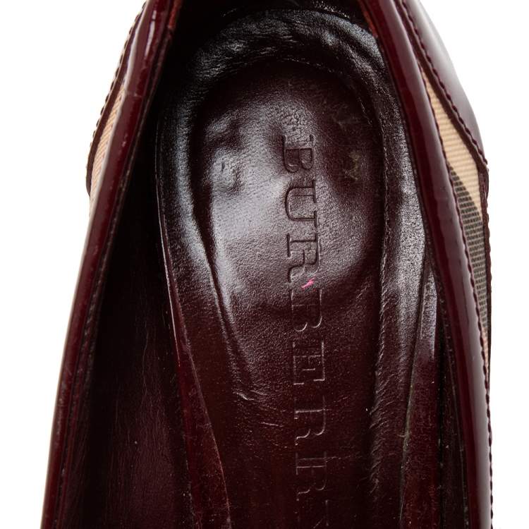 Pre Owned Burberry Burgundy Patent Leather and Nova Check Coated Canvas Peep-Toe Pumps Size 38.5