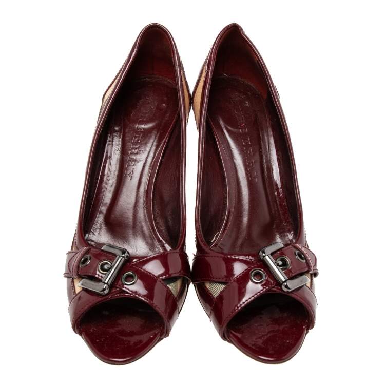 Pre Owned Burberry Burgundy Patent Leather and Nova Check Coated Canvas Peep-Toe Pumps Size 38.5