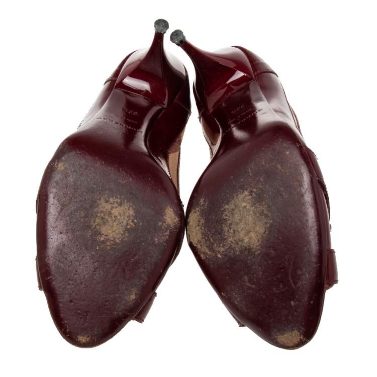 Pre Owned Burberry Burgundy Patent Leather and Nova Check Coated Canvas Peep-Toe Pumps Size 38.5