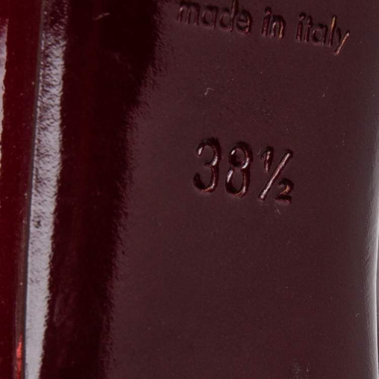 Pre Owned Burberry Burgundy Patent Leather and Nova Check Coated Canvas Peep-Toe Pumps Size 38.5