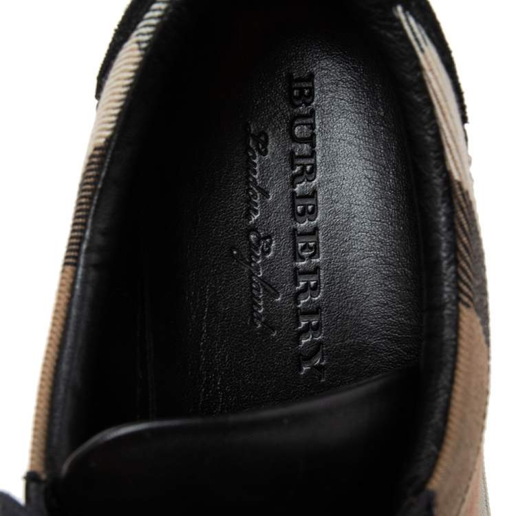 Pre Owned Burberry Black/Beige Leather And Nova Check Canvas Studded Low Top Sneakers Size 38
