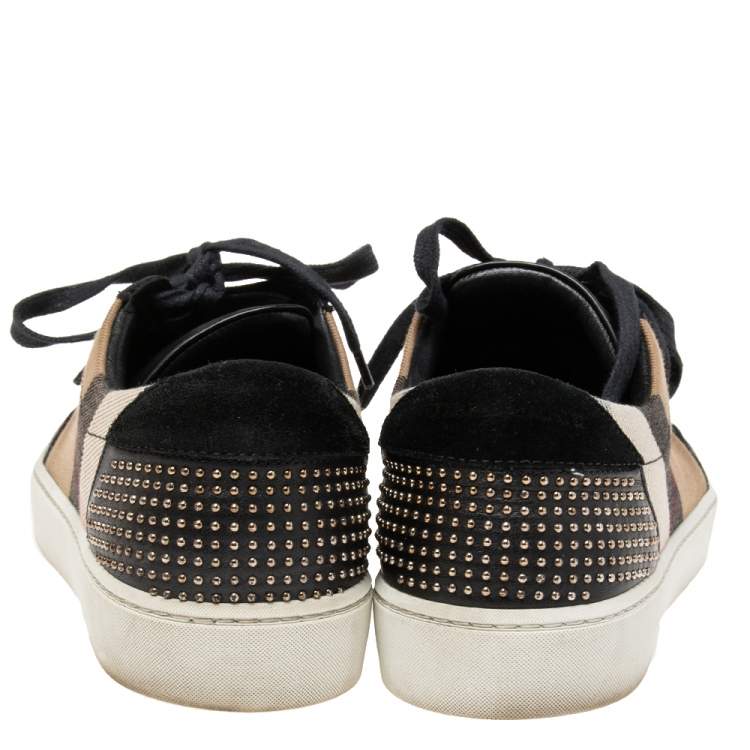Pre Owned Burberry Black/Beige Leather And Nova Check Canvas Studded Low Top Sneakers Size 38