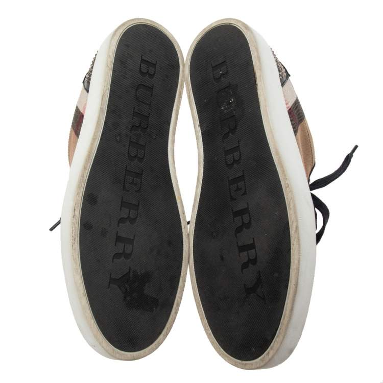 Pre Owned Burberry Black/Beige Leather And Nova Check Canvas Studded Low Top Sneakers Size 38