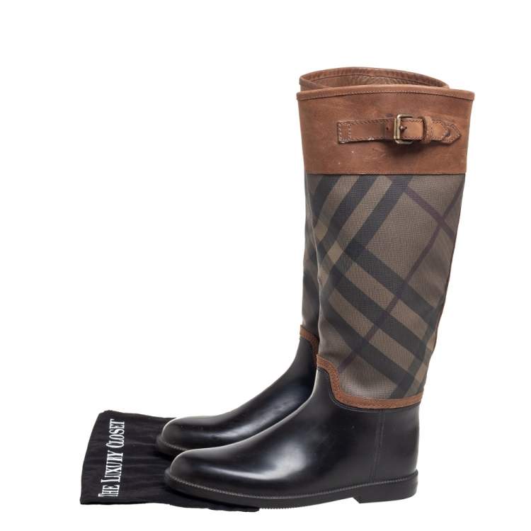 Pre Owned Burberry Tricolor Nova Check Canvas And Rubber Clemence Boots Size 40