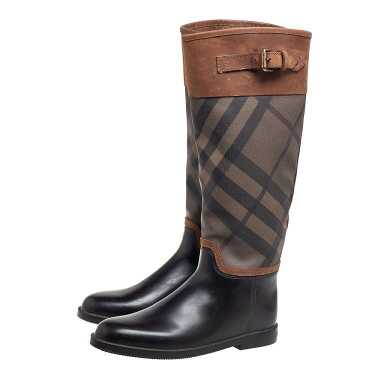 Pre Owned Burberry Tricolor Nova Check Canvas And Rubber Clemence Boots Size 40