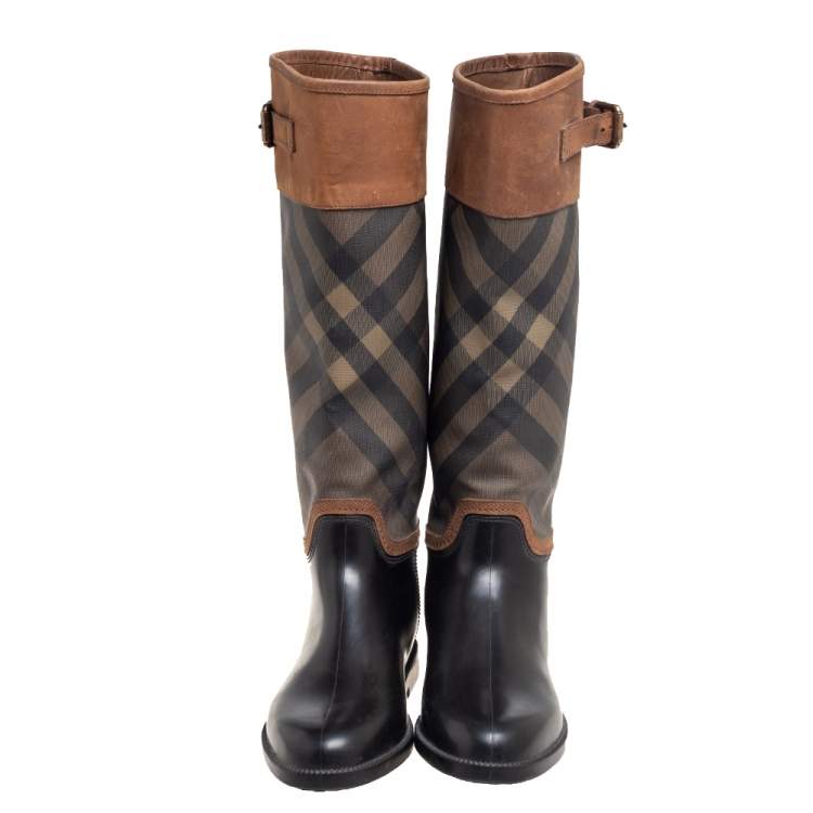 Pre Owned Burberry Tricolor Nova Check Canvas And Rubber Clemence Boots Size 40