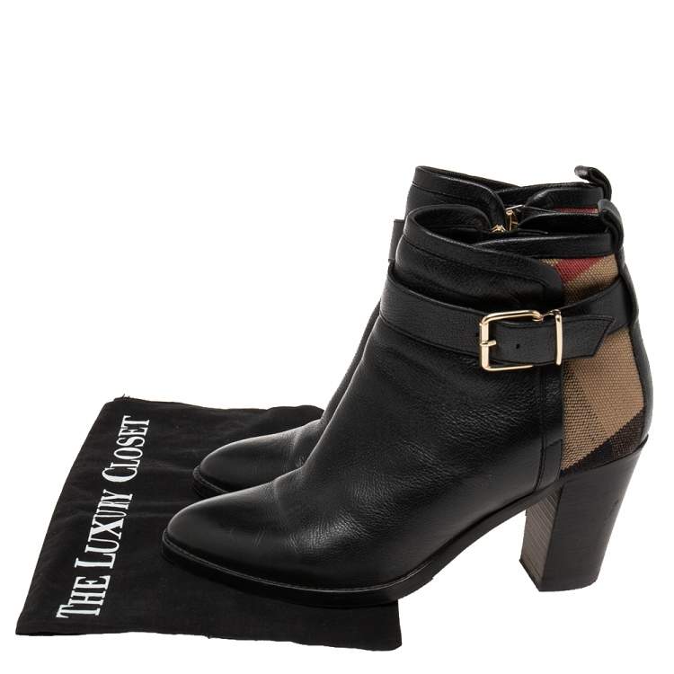 Pre Owned Burberry Black Leather And Nova Check Canvas Stebbingford Ankle Boots Size 38