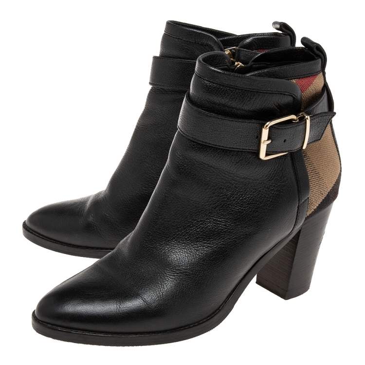 Pre Owned Burberry Black Leather And Nova Check Canvas Stebbingford Ankle Boots Size 38