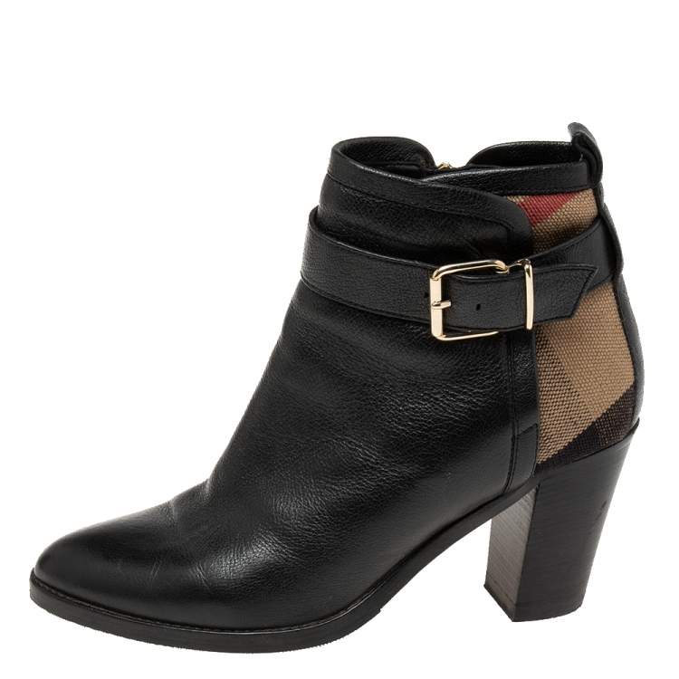 Pre Owned Burberry Black Leather And Nova Check Canvas Stebbingford Ankle Boots Size 38