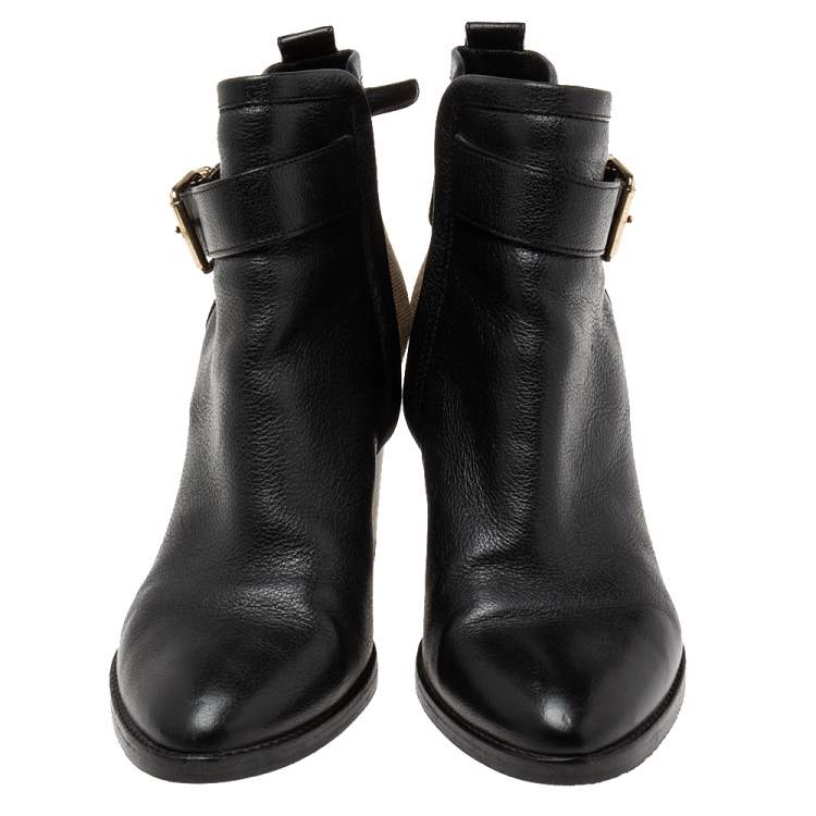 Pre Owned Burberry Black Leather And Nova Check Canvas Stebbingford Ankle Boots Size 38