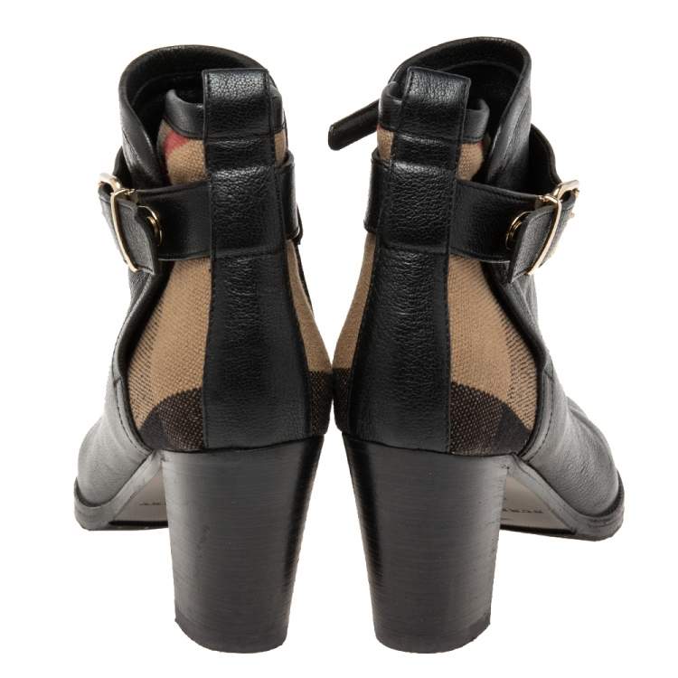 Pre Owned Burberry Black Leather And Nova Check Canvas Stebbingford Ankle Boots Size 38