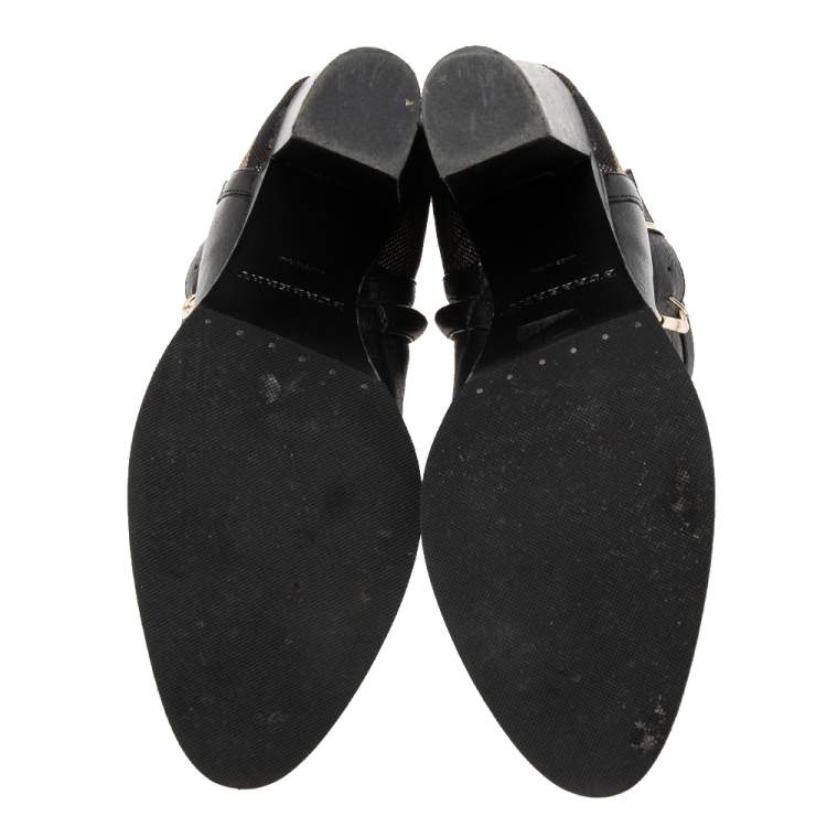 Pre Owned Burberry Black Leather And Nova Check Canvas Stebbingford Ankle Boots Size 38