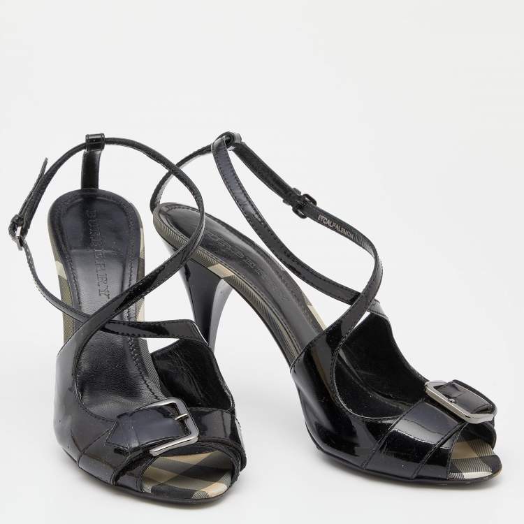 Pre Owned Burberry Black Patent Leather Peep Toe Slingback Sandals Size 39