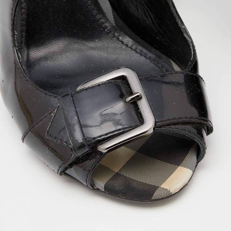 Pre Owned Burberry Black Patent Leather Peep Toe Slingback Sandals Size 39