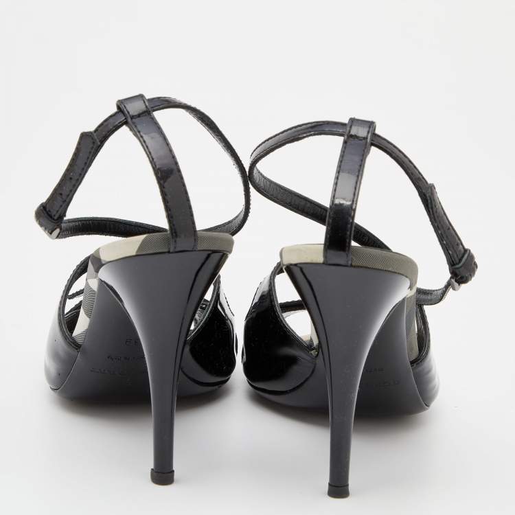 Pre Owned Burberry Black Patent Leather Peep Toe Slingback Sandals Size 39