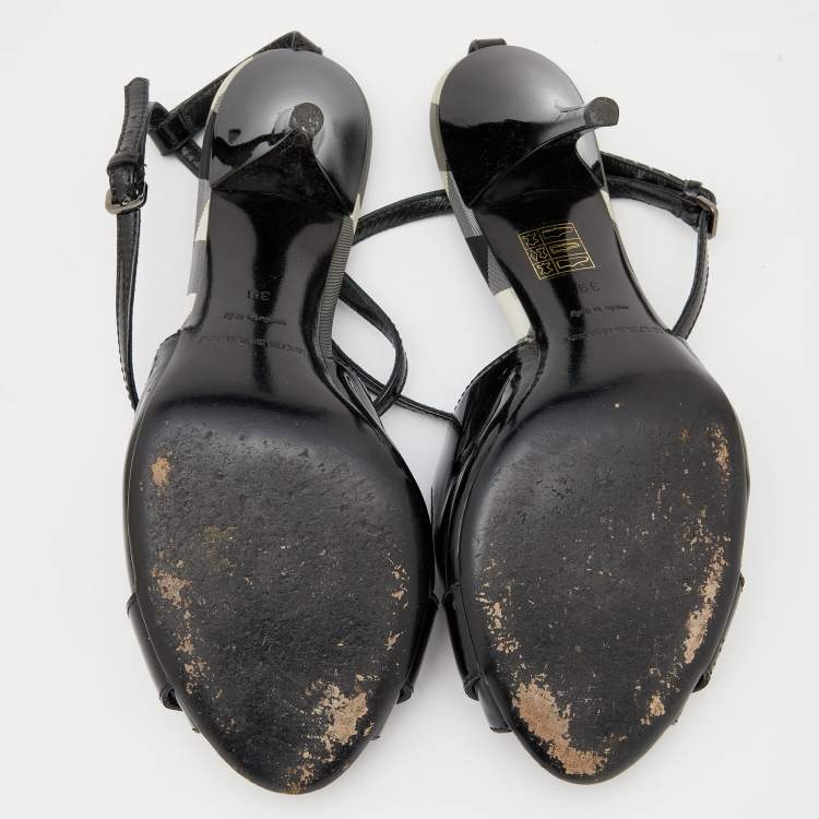 Pre Owned Burberry Black Patent Leather Peep Toe Slingback Sandals Size 39