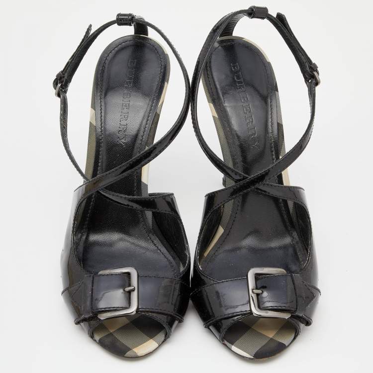 Pre Owned Burberry Black Patent Leather Peep Toe Slingback Sandals Size 39