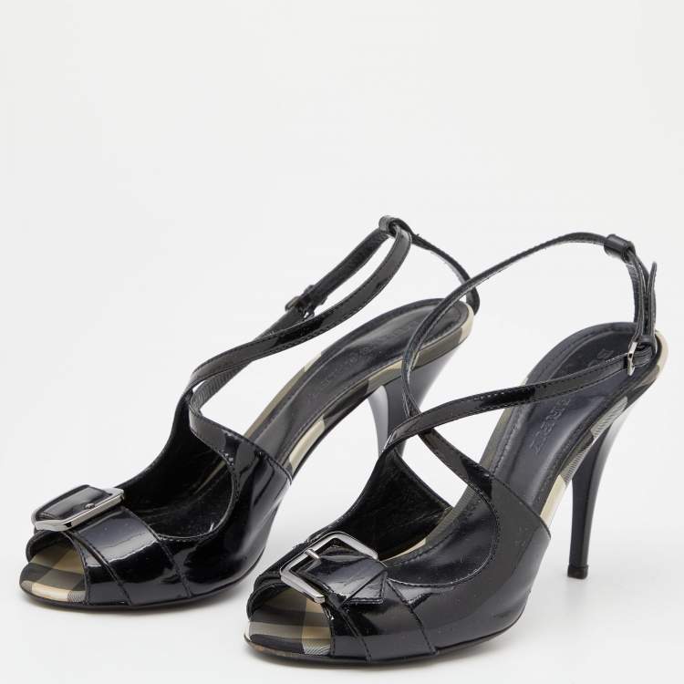 Pre Owned Burberry Black Patent Leather Peep Toe Slingback Sandals Size 39
