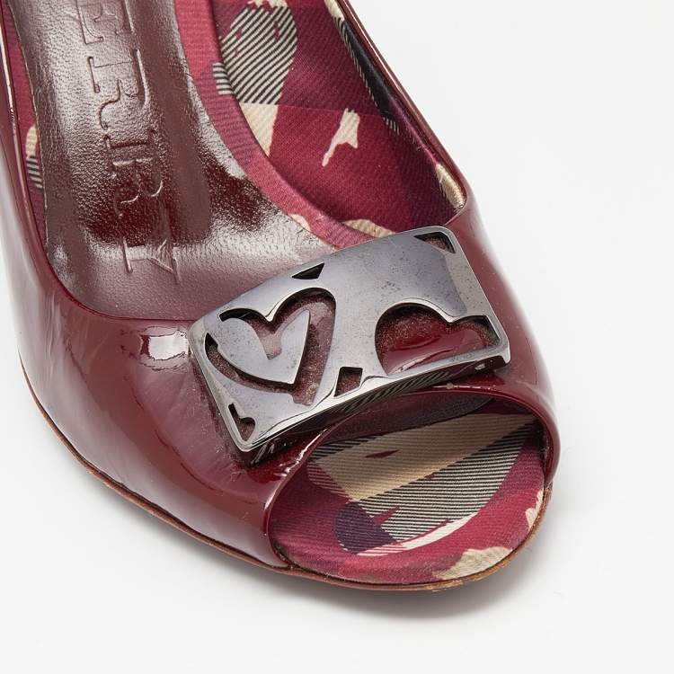 Pre Owned Burberry Burgundy Patent Leather Peep Toe Pumps Size 38