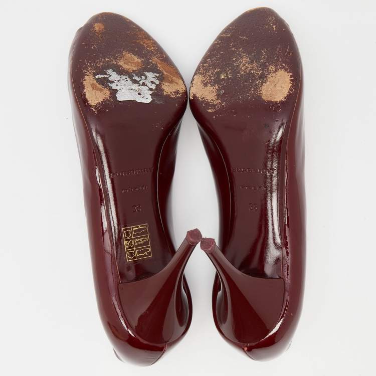 Pre Owned Burberry Burgundy Patent Leather Peep Toe Pumps Size 38
