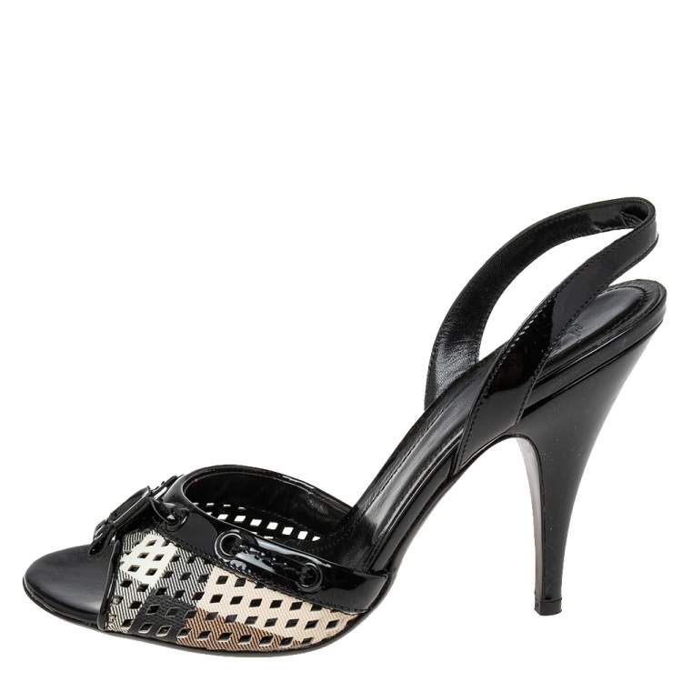 Pre Owned Burberry  Black/Beige Nova Canvas and Patent Leather  Slingback Sandals Size 38