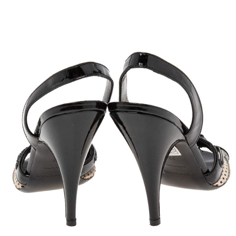 Pre Owned Burberry  Black/Beige Nova Canvas and Patent Leather  Slingback Sandals Size 38