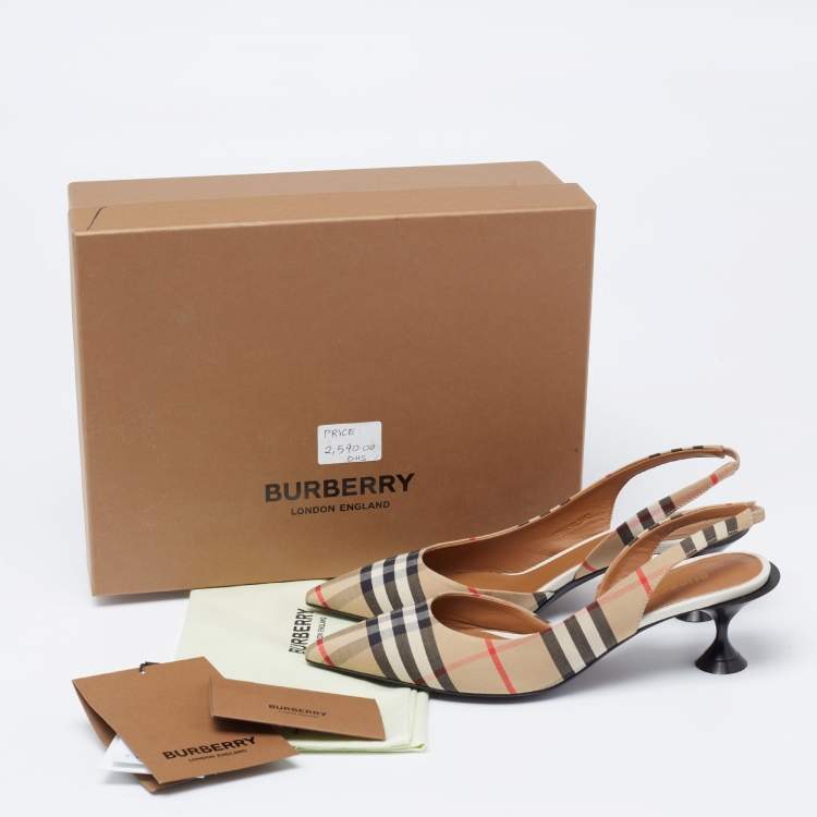 Pre Owned Burberry Beige House Check Canvas Slingback D'orsay Pumps Size 37
