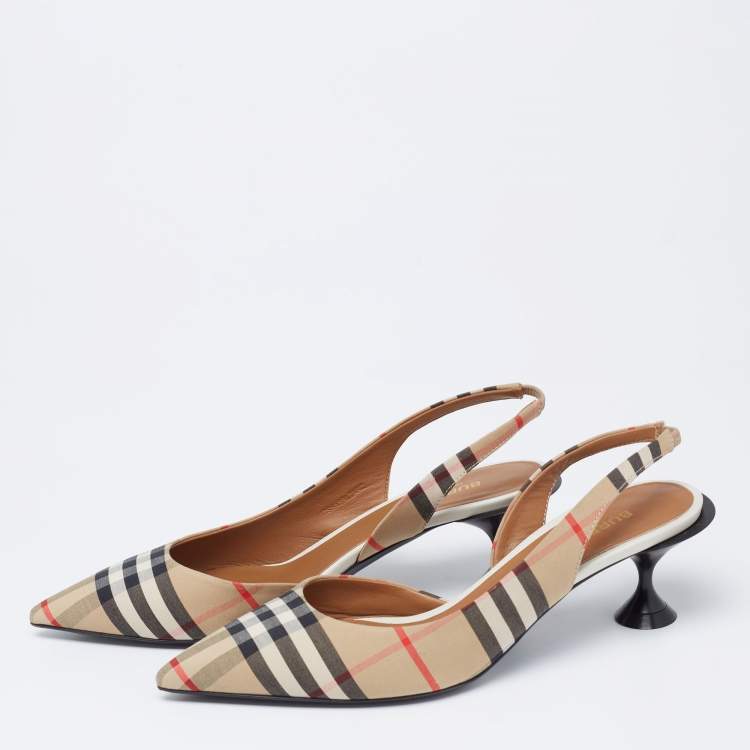 Pre Owned Burberry Beige House Check Canvas Slingback D'orsay Pumps Size 37