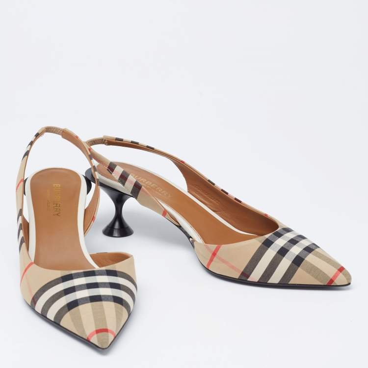 Pre Owned Burberry Beige House Check Canvas Slingback D'orsay Pumps Size 37