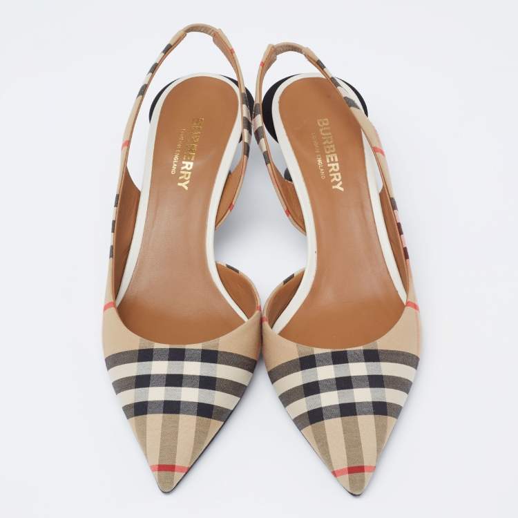 Pre Owned Burberry Beige House Check Canvas Slingback D'orsay Pumps Size 37