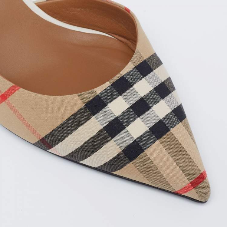 Pre Owned Burberry Beige House Check Canvas Slingback D'orsay Pumps Size 37