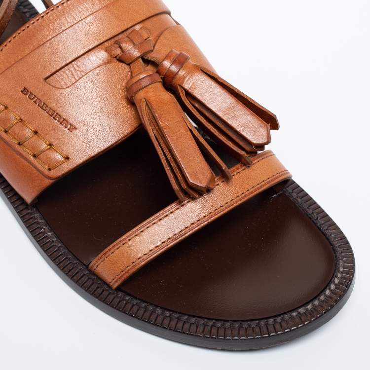 Pre Owned Burberry Cognac Brown Leather Bethany Flat Ankle-Strap Sandals Size 38