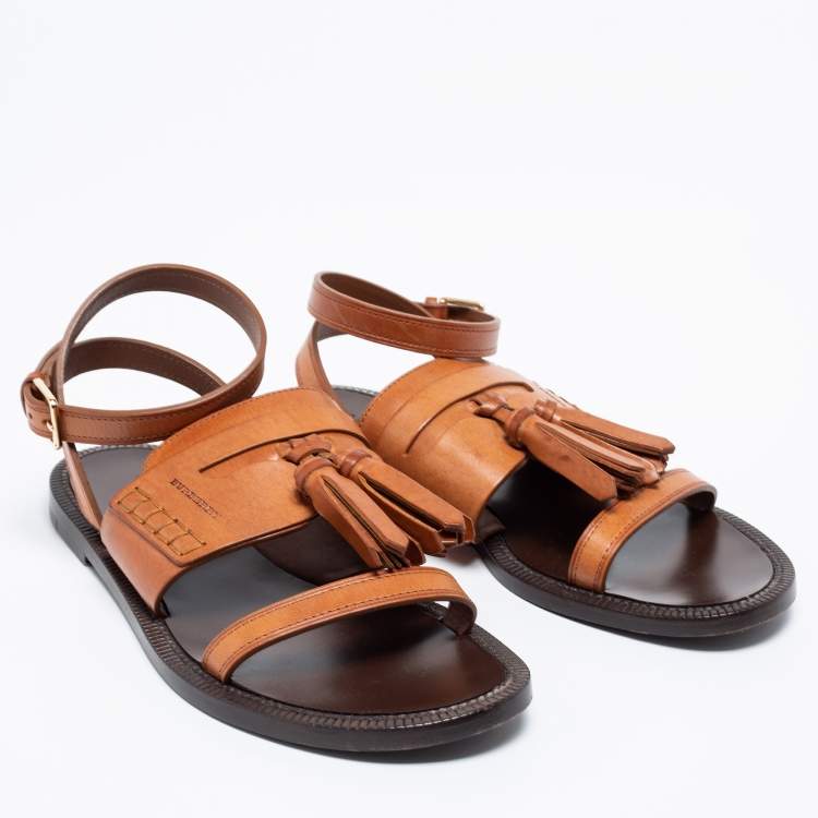 Pre Owned Burberry Cognac Brown Leather Bethany Flat Ankle-Strap Sandals Size 38