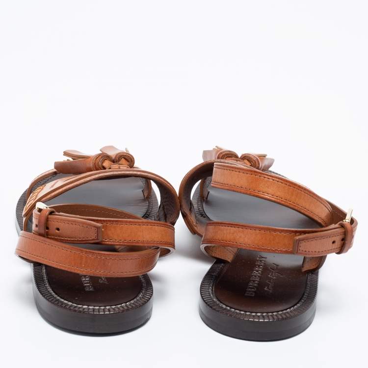 Pre Owned Burberry Cognac Brown Leather Bethany Flat Ankle-Strap Sandals Size 38