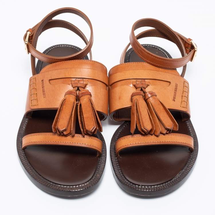 Pre Owned Burberry Cognac Brown Leather Bethany Flat Ankle-Strap Sandals Size 38