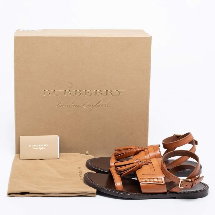Pre Owned Burberry Cognac Brown Leather Bethany Flat Ankle-Strap Sandals Size 38