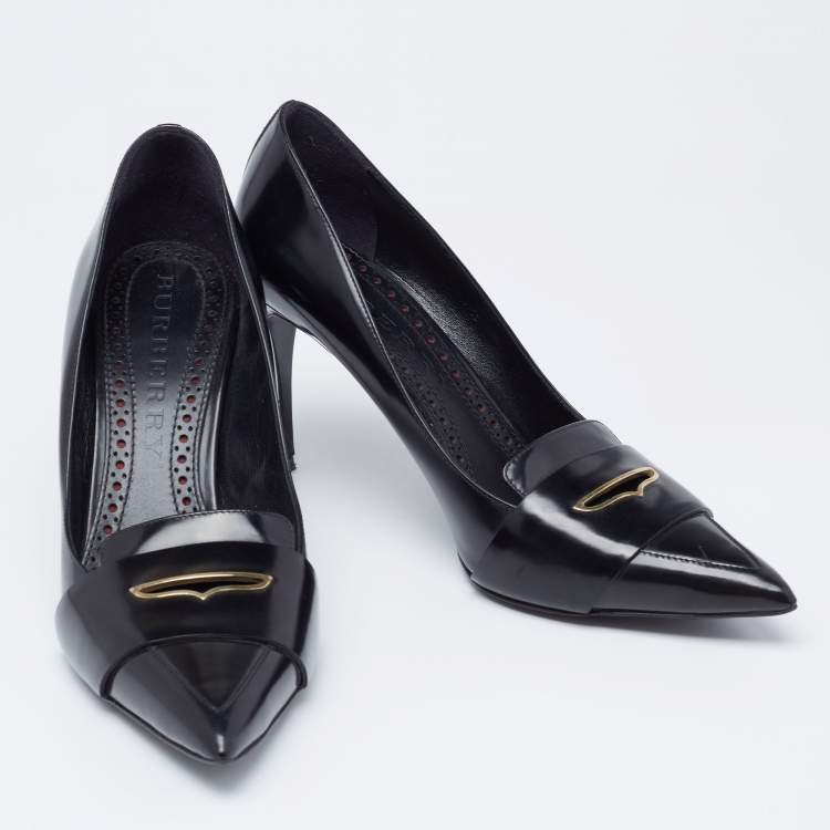 Pre Owned Burberry Black Leather Pointed Toe Loafer Pumps Size 40