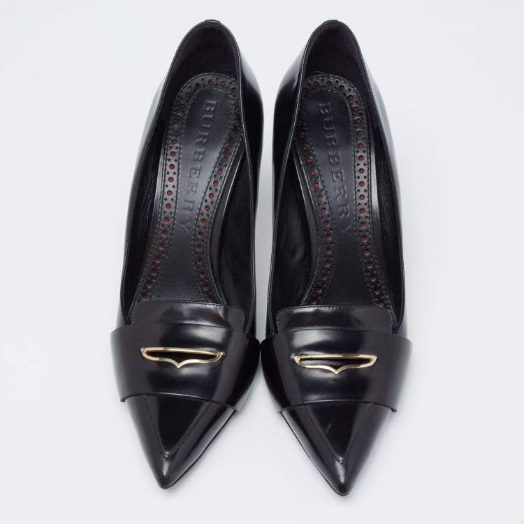 Pre Owned Burberry Black Leather Pointed Toe Loafer Pumps Size 40