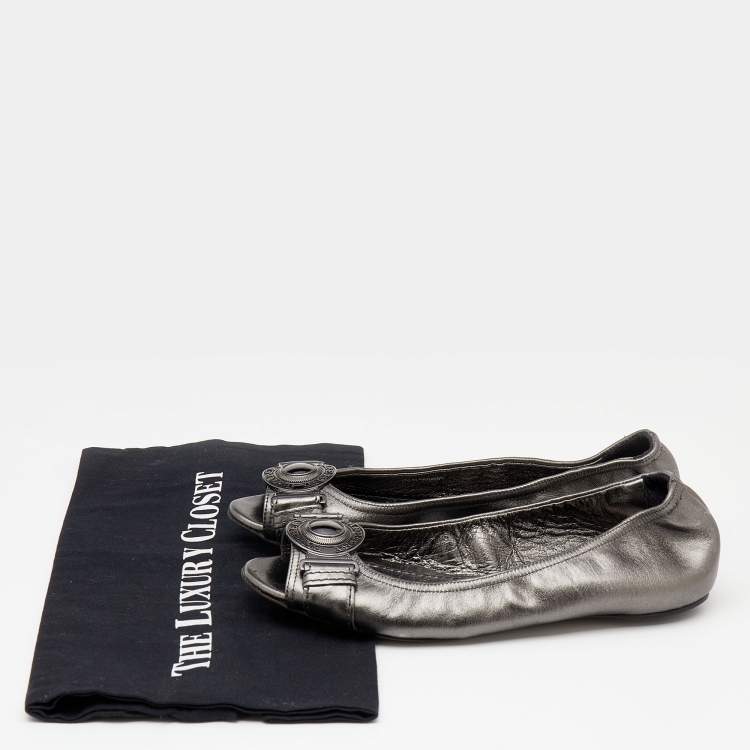 Pre Owned Burberry Metallic Grey Leather Peep Toe Scrunch Ballet Flats Size 36.5