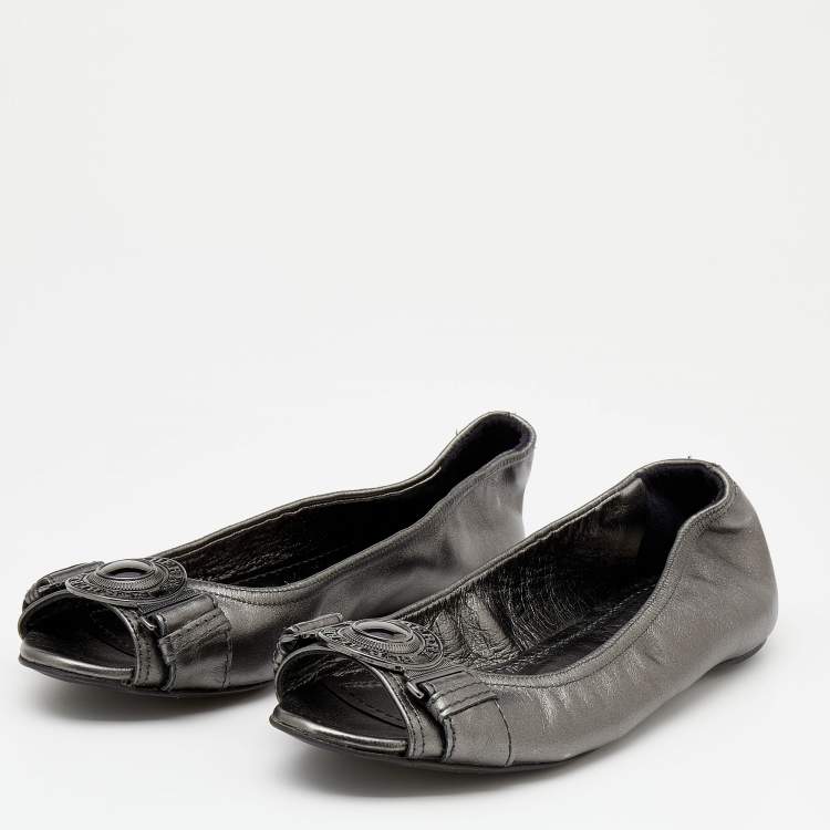 Pre Owned Burberry Metallic Grey Leather Peep Toe Scrunch Ballet Flats Size 36.5