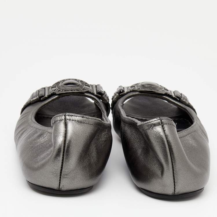 Pre Owned Burberry Metallic Grey Leather Peep Toe Scrunch Ballet Flats Size 36.5